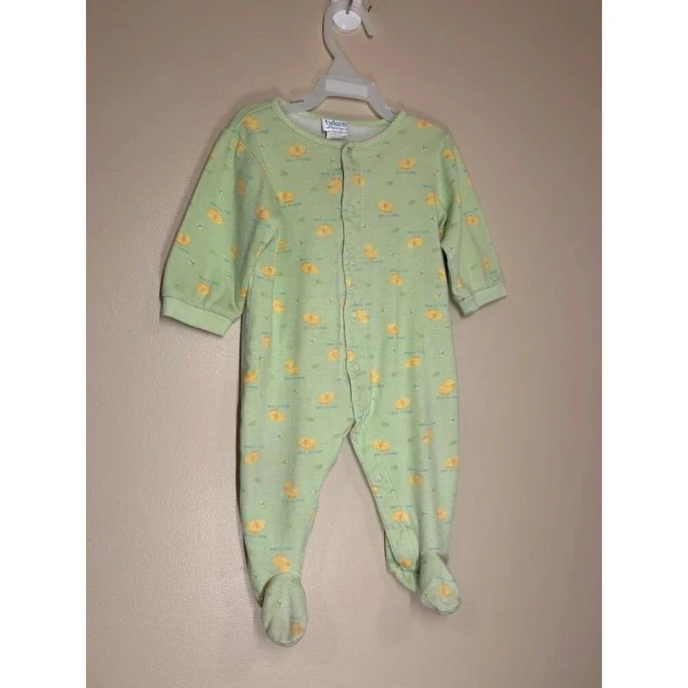 Vintage Tykes Carter's 6-9M Baby Green Duck Bee Print Footed Snap Pajamas